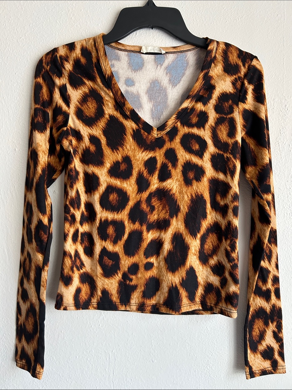 Leopard Print V-Neck Long Sleeve Top - Brown